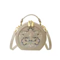 Beige round crossbody bag with traditional floral embroidery and golden hardware - Khaki Pink Flower