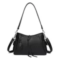 Elegant black lychee grain leather shoulder bag with tassels and silver hardware - Black