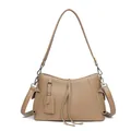 Minimalist khaki genuine leather shoulder bag featuring side pockets and fringe detail - Khaki