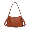 Brown lychee pattern genuine leather shoulder bag with tassels and wide strap - Brown