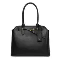 Classic black leather tote bag with gold metal buckles and stylish hanging tag - Black