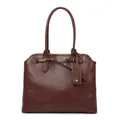 Vintage dark brown leather tote bag with slim handles and golden hardware accents - Brown