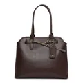 Deep brown leather tote bag with large capacity, featuring metal buckle and long handles - Brown