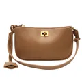 Dunkelbraune Schultertasche aus pflanzlich gegerbtem Leder mit goldenem Drehverschluss - Klein / Gelbes Gurtband mit goldener Schnalle