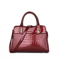 Deep red crocodile embossed patent leather tote bag with gold hardware for women - Burgundy
