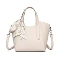 Sac seau chic en cuir beige avec poignée foulard en soie et détails argentés brillants - Blanc Cassé