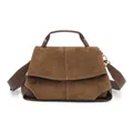 Fashionable dark brown suede leather handbag with white contrast stitching and shoulder strap - Frosted Brown