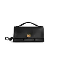 Minimalistische schwarze Lederhandtasche mit Goldschloss und weißen Kontrastnähten - Schwarzer Riemen Goldene Schnalle