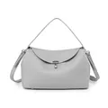 Detail of silver T-shaped lock on grey textured leather tote with premium stitching - Blue Grey