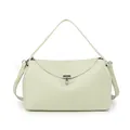 Close-up of light green lychee grain leather handbag with silver T-shaped metal buckle - Mint Green