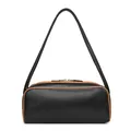 Bolso de hombro en cuero negro con ribetes marrones y doble cremallera dorada - Horizontal / Negro
