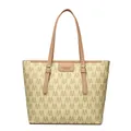 Chic cream tote bag with brown 'M' logo pattern and premium leather straps - Apricot