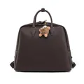 Dark brown lychee texture leather backpack with a cute plush bear charm decoration - Brown
