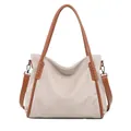 Elegante borsa tote beige a grana di litchi con manici marroni e grande capienza - Beige Crema