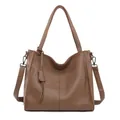 Donkerbruine leren tote bag met litchi-textuur en verstelbare riem voor dames - Khaki