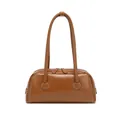Retro bruine lederen bowlingtas met witte stiksels en dubbele ritssluiting - Bruin