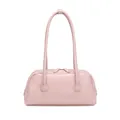 Bolso de hombro tipo bowling retro rosa de cuero con costuras decorativas blancas - Rosa