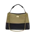 Detail of olive green woven leather and black quilted texture with gold metal lock - Frosted Woven Tea Green