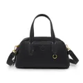 Bolso tote negro de cuero lichi con costuras en contraste y herrajes dorados - Negro