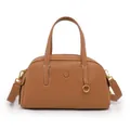 Bolso Boston de cuero marrón con costuras blancas y colgante de anillo dorado - Marrón Caramelo