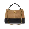 Bolso bicolor de gamuza marrón y cuero negro con diseño acolchado y cierre giratorio dorado - Marrón Esmerilado