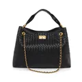Bolso tote negro acolchado con cuero trenzado y cierre de giro metálico dorado - Negro Tejido