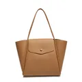 Minimalistische bruine lederen tote bag met lychee textuur en voorzak met klep voor dames - Toffee Bruin
