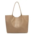 Minimalist large khaki tote bag with textured faux leather and slim shoulder straps - Khaki