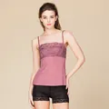 Slim fit silk knit camisole in dusty mauve featuring delicate lace floral embroidery - M / Purplish Red