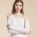 Women's long mulberry silk sun protection arm sleeves in white with fingerless thumb holes - M / White