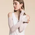 Long silk sun protection arm sleeves in lotus pink color with thumb hole design - M / Beige