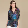 Seiden-Wickel-Cardigan mit Blumendruck, V-Ausschnitt und Dreiviertelärmeln - L / Muster 1