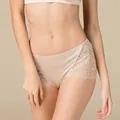 Beige silk knit briefs for women featuring delicate side lace panels and seamless trim - Beige