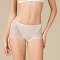 Pale pink silk panties with high-waisted design and delicate floral lace panels - Nude