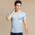 Men's silk V-neck short sleeve T-shirt in light blue with premium slim fit design - Sky Blue
