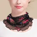 Silk mesh neck scarf with floral print and ruffle edges for women fashion accessory - Black with Red and Blue Floral (5059314059816)