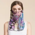 Breathable silk sun protection face mask with purple floral print and wavy edges - Purple Peacock Floral