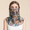 Silk mesh neck gaiter for women featuring vintage rose floral print and ruffled edges - Deep Feelings of Leaves