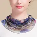 Women's silk mesh neck gaiter with vintage floral print and delicate wavy edges - Blue and Purple Oil Painting Floral (5059314059819)