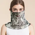 Silk mesh sun protection face mask and neck gaiter with vintage beige lace floral pattern - Black Vintage Lace