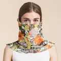 Floral print silk neck gaiter mask in vibrant orange and yellow tropical patterns - Osmanthus Orchid Style
