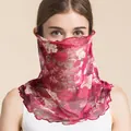 Floral print silk mesh neck gaiter for women with ruffle edges in dark red and pink - Flowers in the Mist
