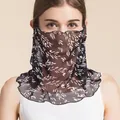 Breathable silk sun mask with white leaf print on black base and ear loops - Black & White Mix
