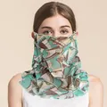 Silk mesh neck gaiter with green abstract geometric print for sun protection - Emerald Spring Dawn