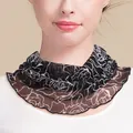 Women's silk mesh neck gaiter with white rose floral pattern and ruffled edges - Rose Line Art on Black (5811700037260)