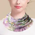 Silk mesh neck gaiter for women with purple and yellow floral pattern and wavy edges - Purple Green Floral (5996470610104)