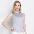 Slim fit mulberry silk mock neck sleeveless top in metallic silver grey for women - Silver Grey