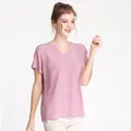Elegant mulberry silk V-neck short sleeve top in dusty pink with ruffled cuffs and loose fit - Bean Paste Red