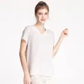 Eleganter V-Ausschnitt Seide Kurzarm-Oberteil für Damen in lockerem hellbeige Satin-Stoff - L / Silbergrau