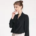 Elegant black silk long sleeve shirt with bow-tie neck and professional buttons - L / Black